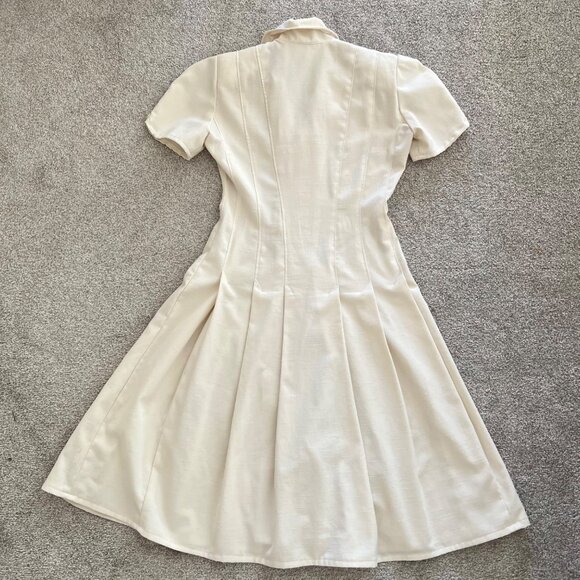 Handmade 1950s Vintage Single Stitch Linen Cream Pleated Button-down Dress - Picture 7 of 11